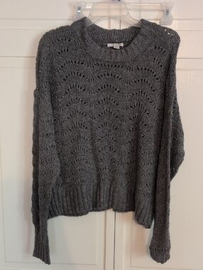 American Eagle Outfitters Gray Open-Stitch Crewneck Sweater